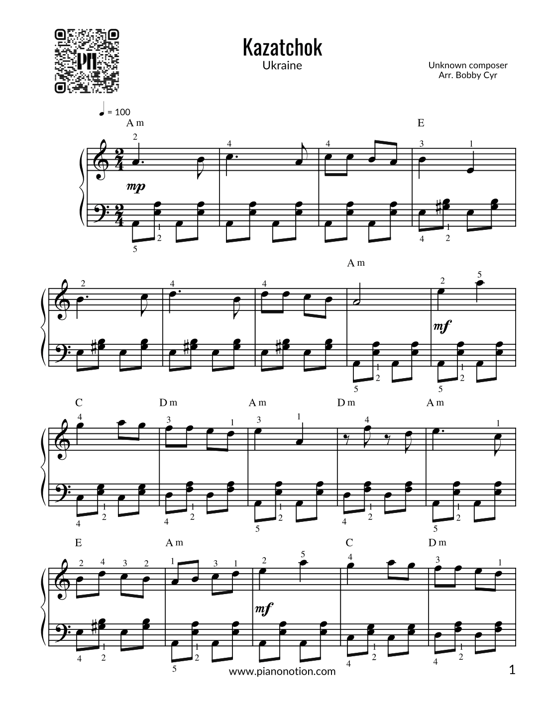 Kazatchok | Kazachok | Katyusha | Casatschok (Easy Piano) (arr. Bobby Cyr - Piano Notion)