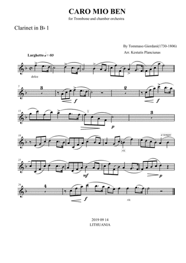Caro mio ben (For trombone and chamber orchestra) (arr. Kestutis Planciunas)