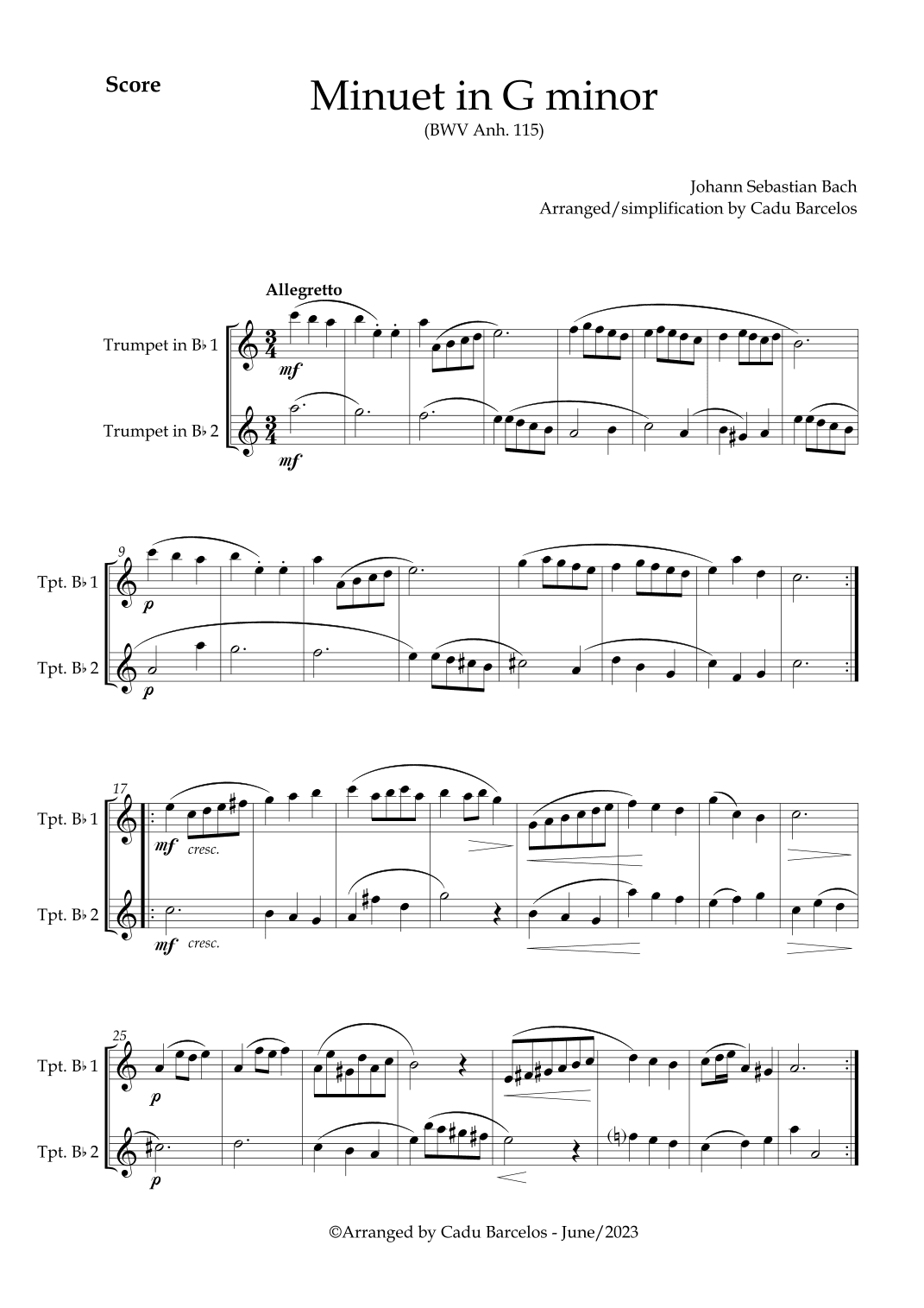 Minuet in G minor BWV anh 115 (Bach) 2 Trumpets (arr. Cadu Barcelos)