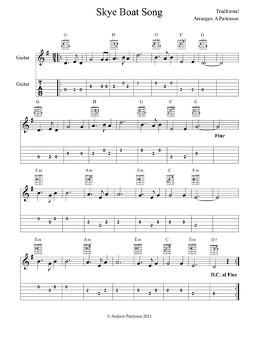 Skye Boat Song for Guitar with Chords and TAB (arr. Andrew Pattinson)