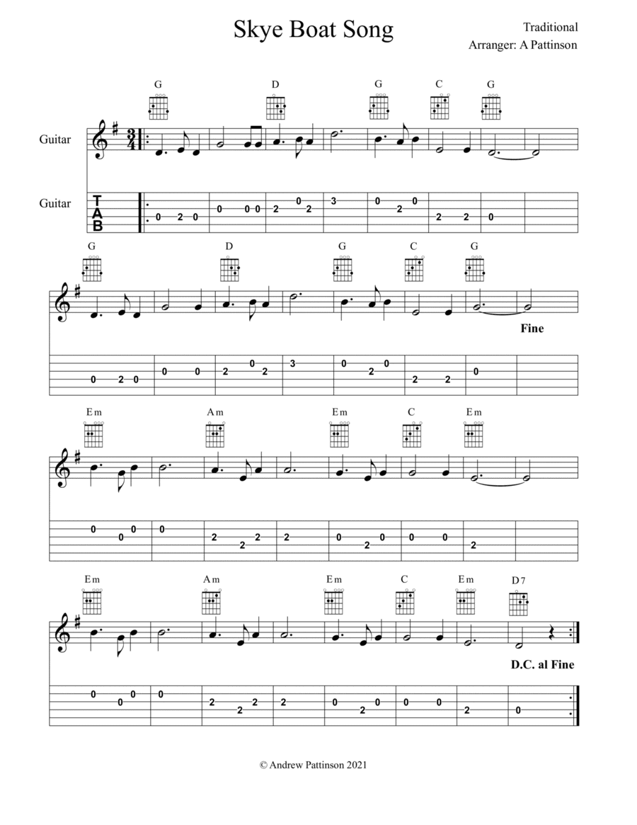 Skye Boat Song for Guitar with Chords and TAB (arr. Andrew Pattinson)