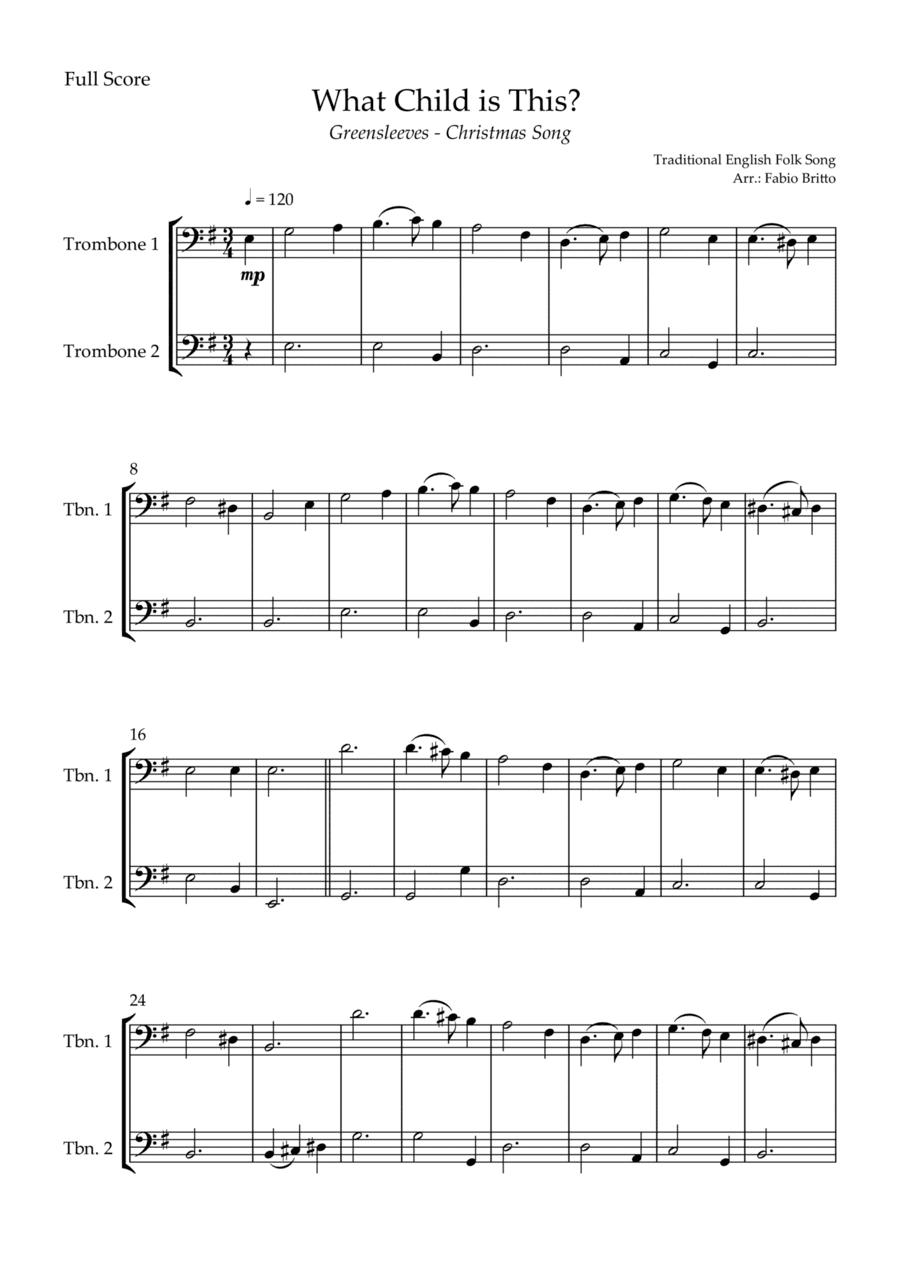 What Child is This? - Greensleeves (Christmas Song) for Trombone Duo (arr. Fabio Britto)