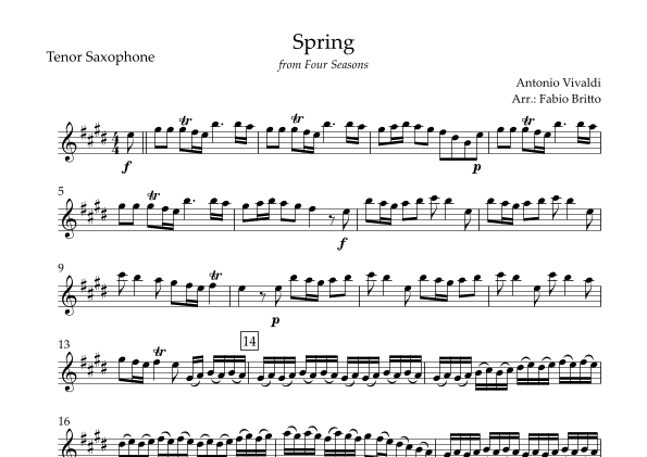 Spring (from Four Seasons of Antonio Vivaldi) for Tenor Saxophone Solo (arr. Fabio Britto)