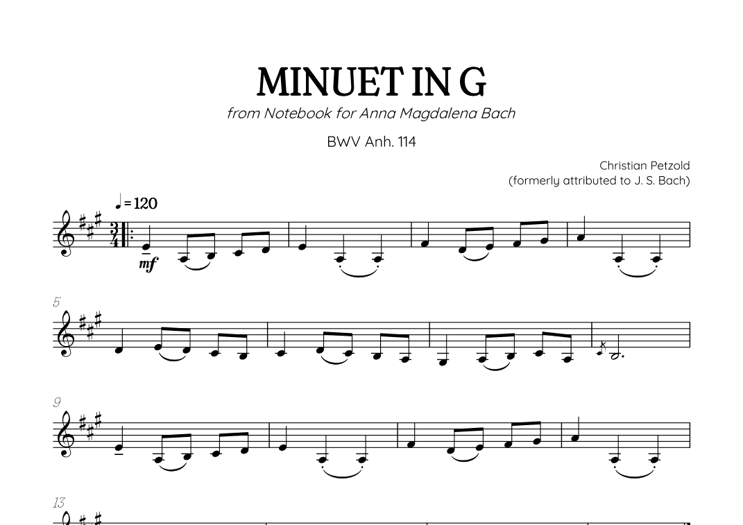 Petzold (Bach) Minuet in G BWV Anh 114 | clarinet solo (arr. Benzaiten Editions)