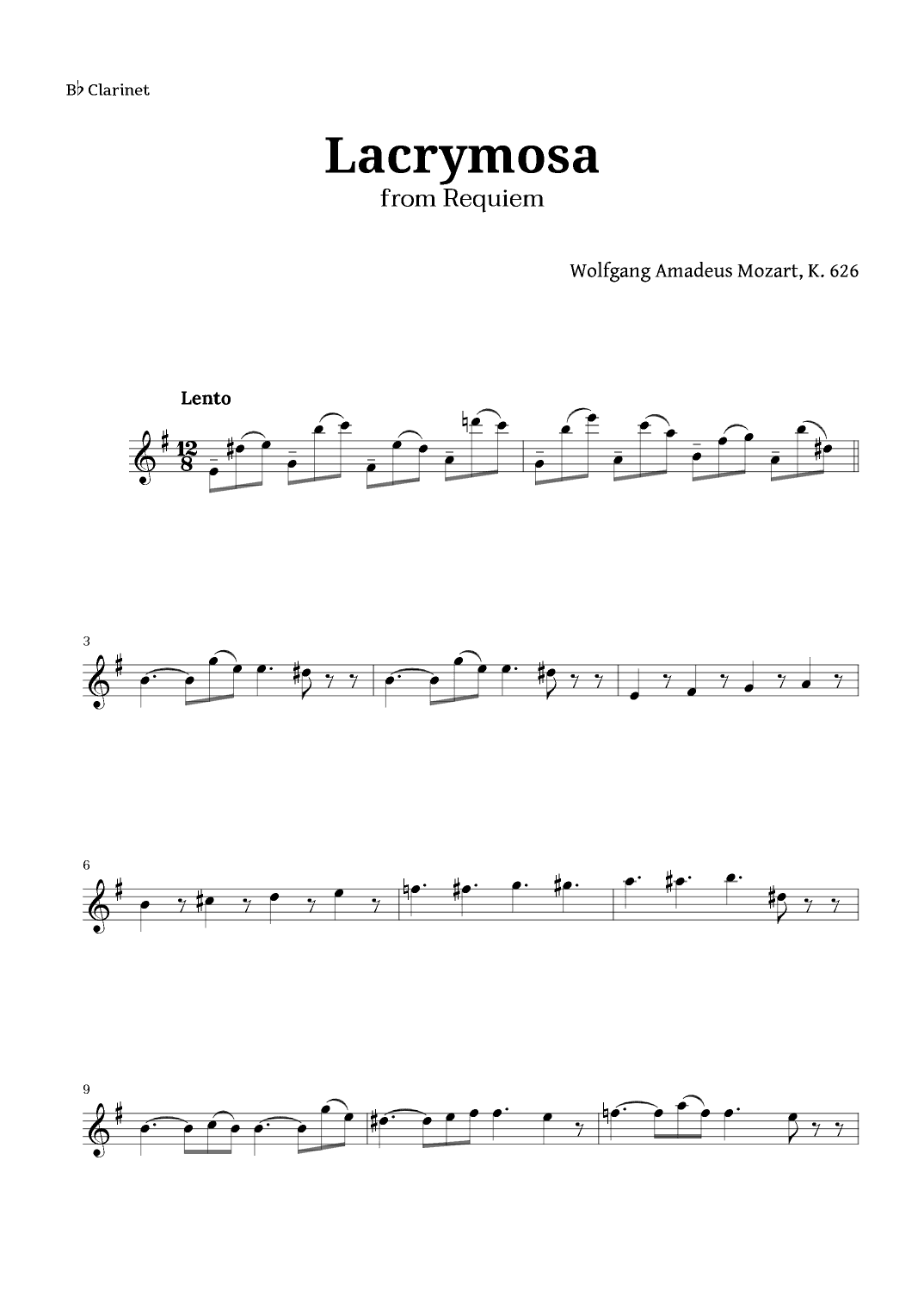 Lacrymosa from Requiem by Mozart for Clarinet (arr. Langanho)