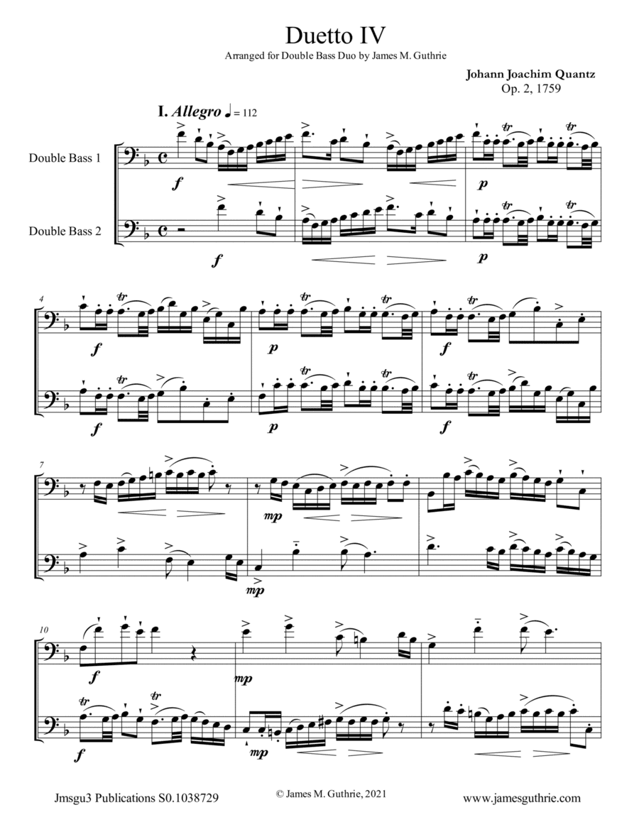 Quantz: Duetto Op. 2 No. 4 for Double Bass Duo (arr. James M. Guthrie)