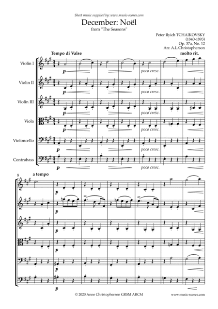 Noël, from The Seasons - 3 violins, viola, cello, contrabass (arr. Anne Christopherson GRSM ARCM)