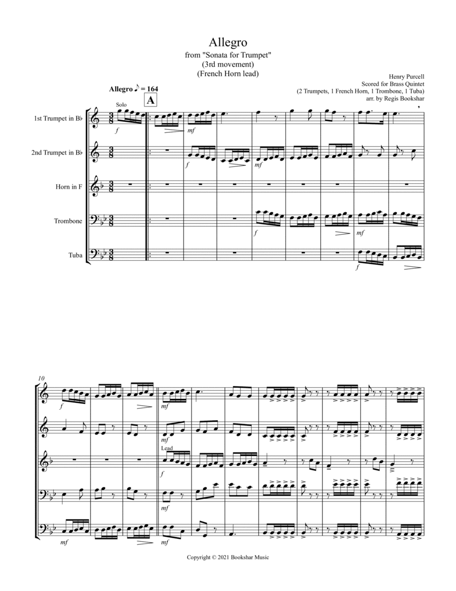 Allegro (from "Sonata for Trumpet") (Bb) (Brass Quintet - 2 Trp, 1 Hrn, 1 Trb, 1 Tuba) (French Horn (arr. Regis Bookshar)