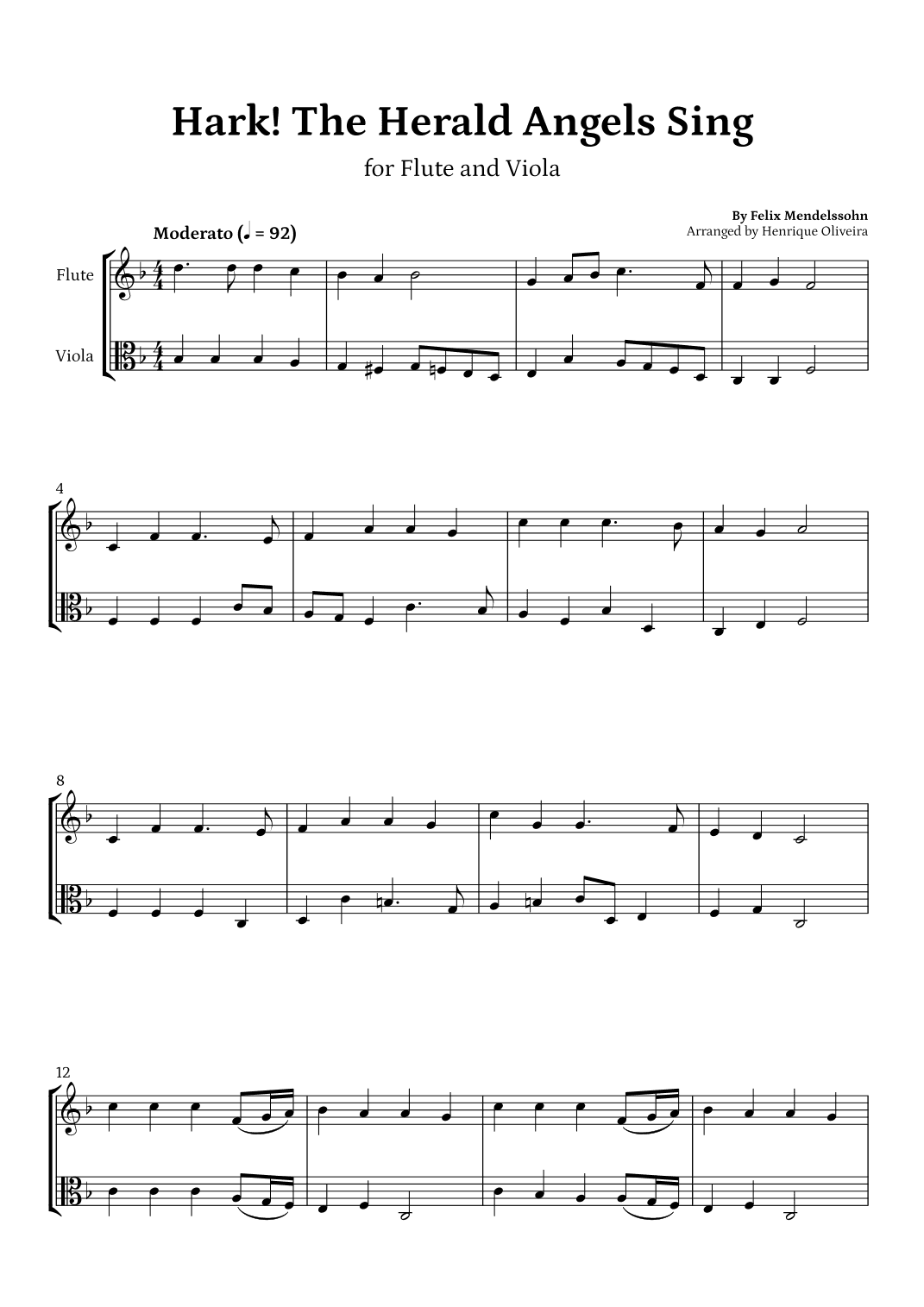 Hark! The Herald Angels Sing (Flute and Viola) - Beginner Level (arr. Henrique Oliveira)