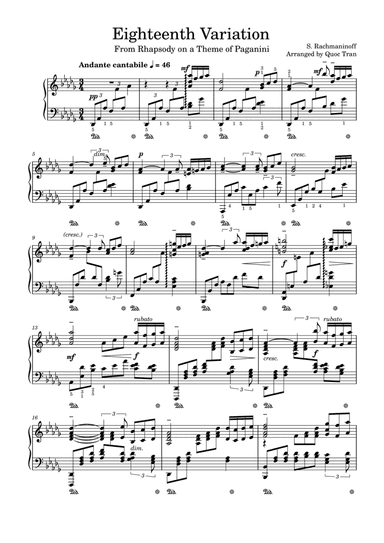 18th Variation - Rhapsody on a Theme of Paganini - Rachmaninoff - For Piano Solo (Advanced) (arr. Quoc Tran)