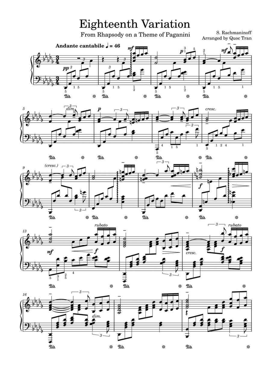 18th Variation - Rhapsody on a Theme of Paganini - Rachmaninoff - For Piano Solo (Advanced) (arr. Quoc Tran)