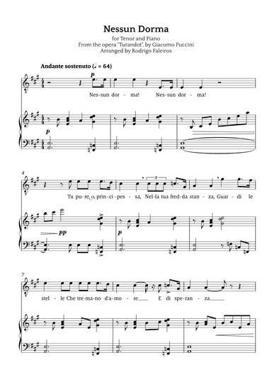 Nessun Dorma (for tenor and piano) (arr. Rodrigo Faleiros)