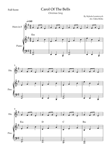 Carol Of The Bells (Christmas Song) for Horn in F Solo and Piano Accompaniment with Chords (arr. Fabio Britto)
