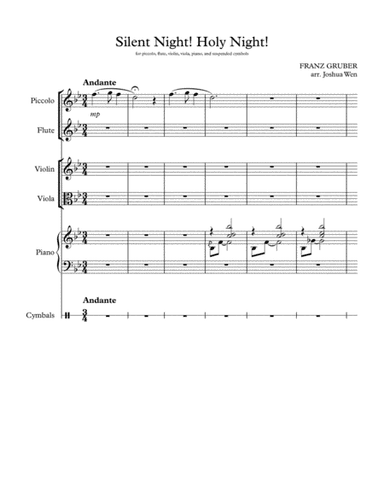 Silent Night arr. for Flute, Piccolo, Violin, Viola, and Piano with optional percussions (arr. Joshua Wen)
