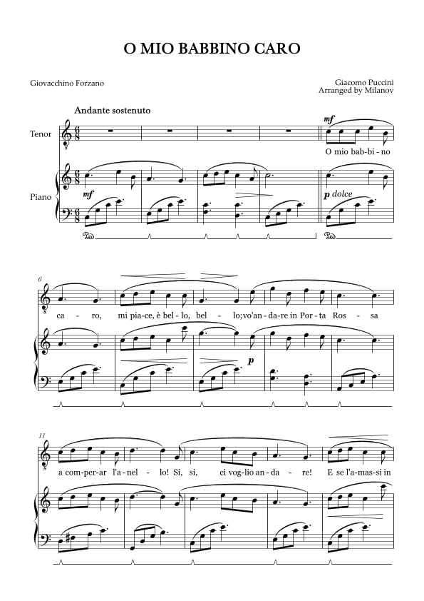 O Mio Babbino Caro | Male Voice Tenor | C Major | Piano accompaniment | Pedal (arr. Milanov)
