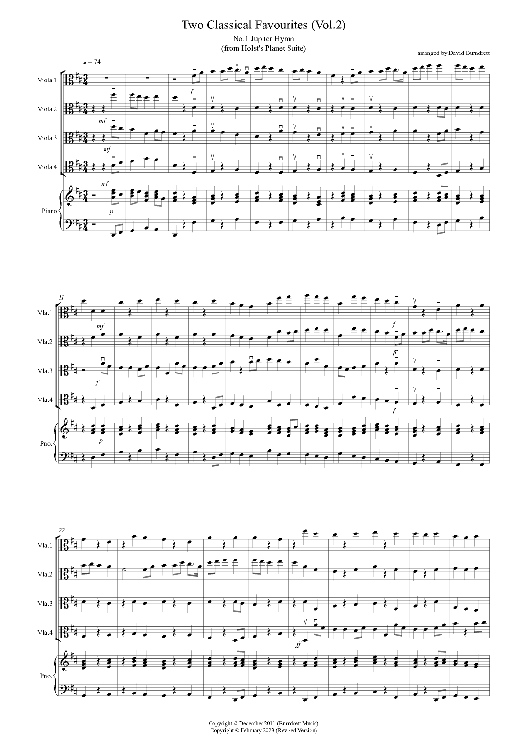 2 Classical Favourites for Viola Quartet (volume two) (arr. David Burndrett)