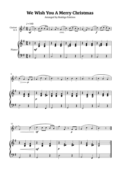 We Wish You a Merry Christmas (for solo clarinet in A with piano accompaniment) (arr. Rodrigo Faleiros)