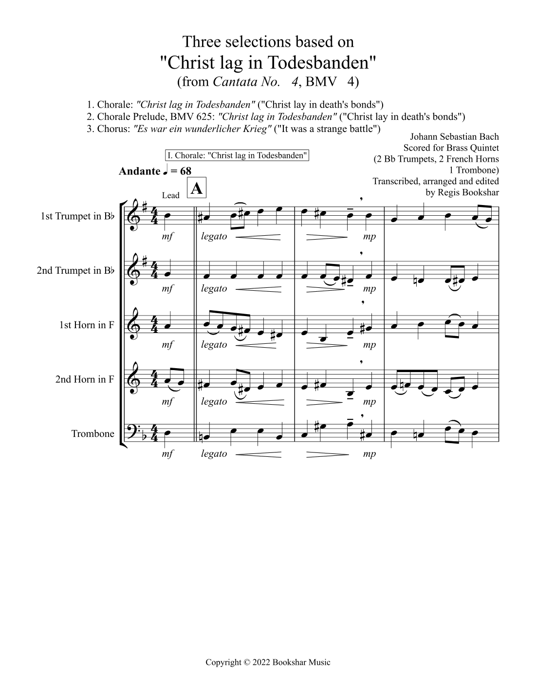 Three selections based on "Christ lag in Todesbanden" (Brass Quintet - 2 Trp, 2 Hrn, 1 Trb) (arr. Regis Bookshar)