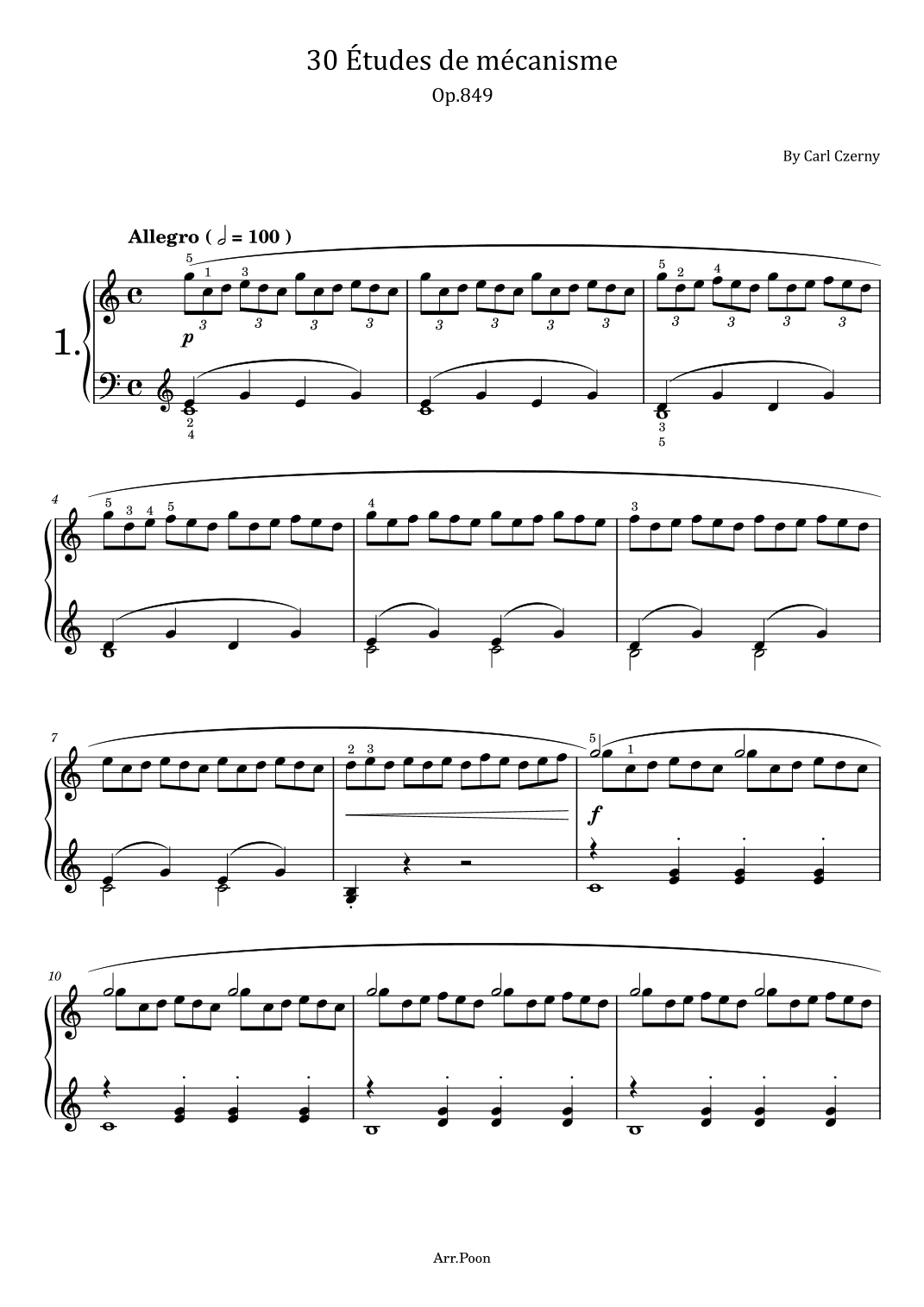 Czerny - 30 Études de mécanisme - Op.849 - Original With Fingered - For Piano Solo Complete (arr. poon)