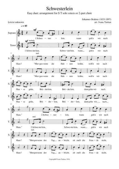 Schwesterlein, easy duet for vocal duet ST or 2-part choir a cappella, A minor (arr. Ivana Tuskan)
