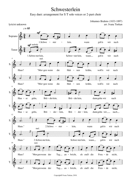 Schwesterlein, easy duet for vocal duet ST or 2-part choir a cappella, A minor (arr. Ivana Tuskan)