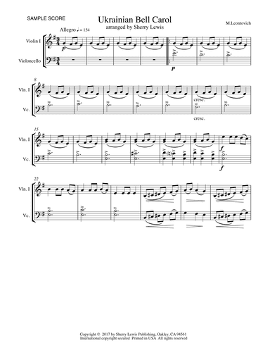 UKRAINIAN BELL CAROL (CAROL OF THE BELLS), Intermediate Level for String Duo for violin and cello (arr. Sherry Lewis)