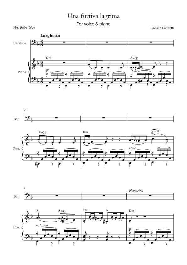 Una Furtiva Lagrima (Baritone in Dm) (arr. Pedro Cohen)