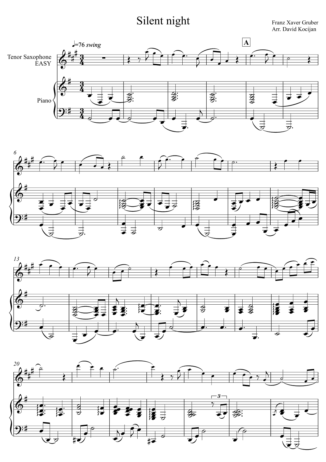 Silent night EASY (tenor sax & piano) (arr. David Kocijan)