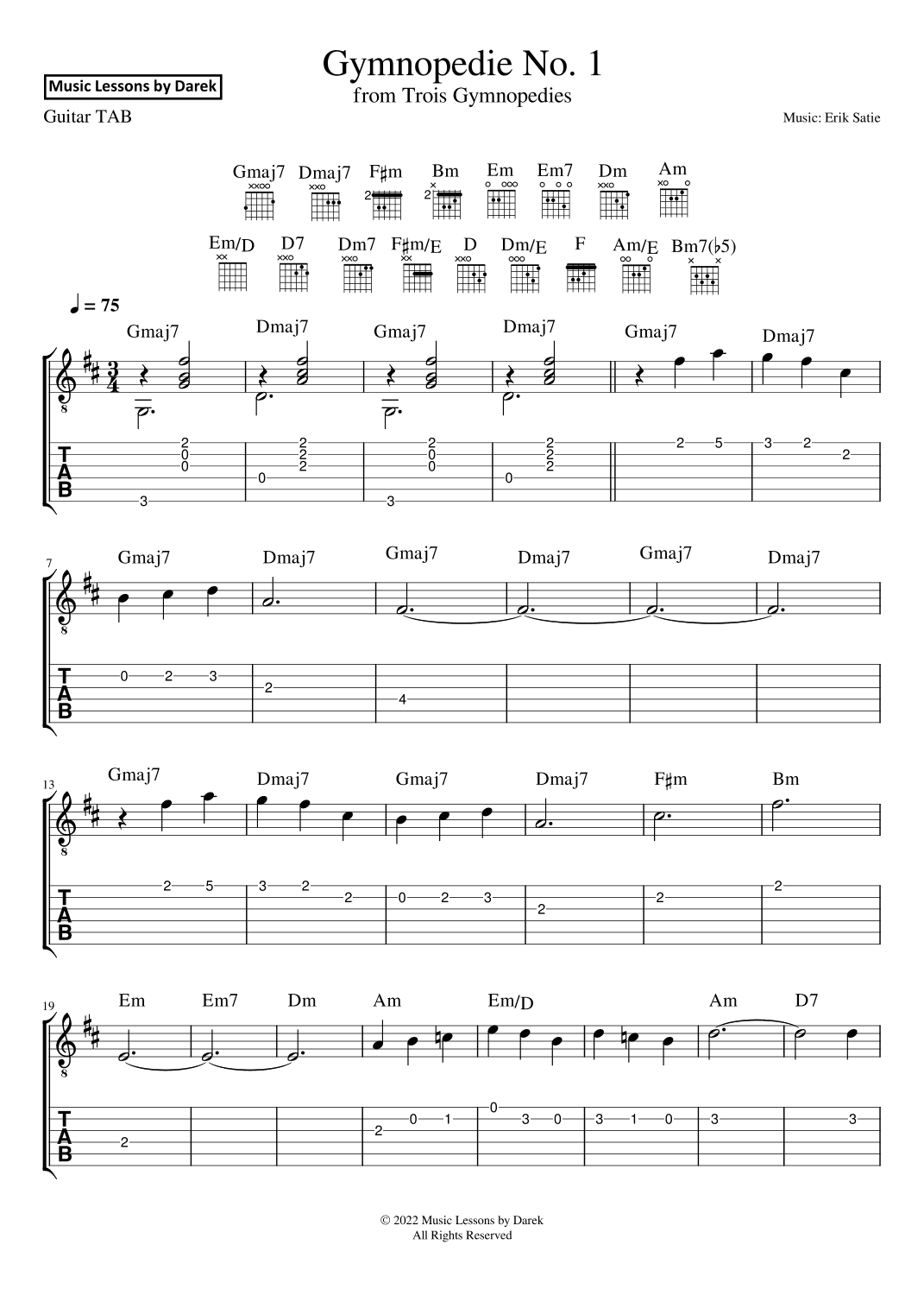 Gymnopedie No. 1 (GUITAR TAB) from Trois Gymnopedies [Erik Satie] (arr. Darek)