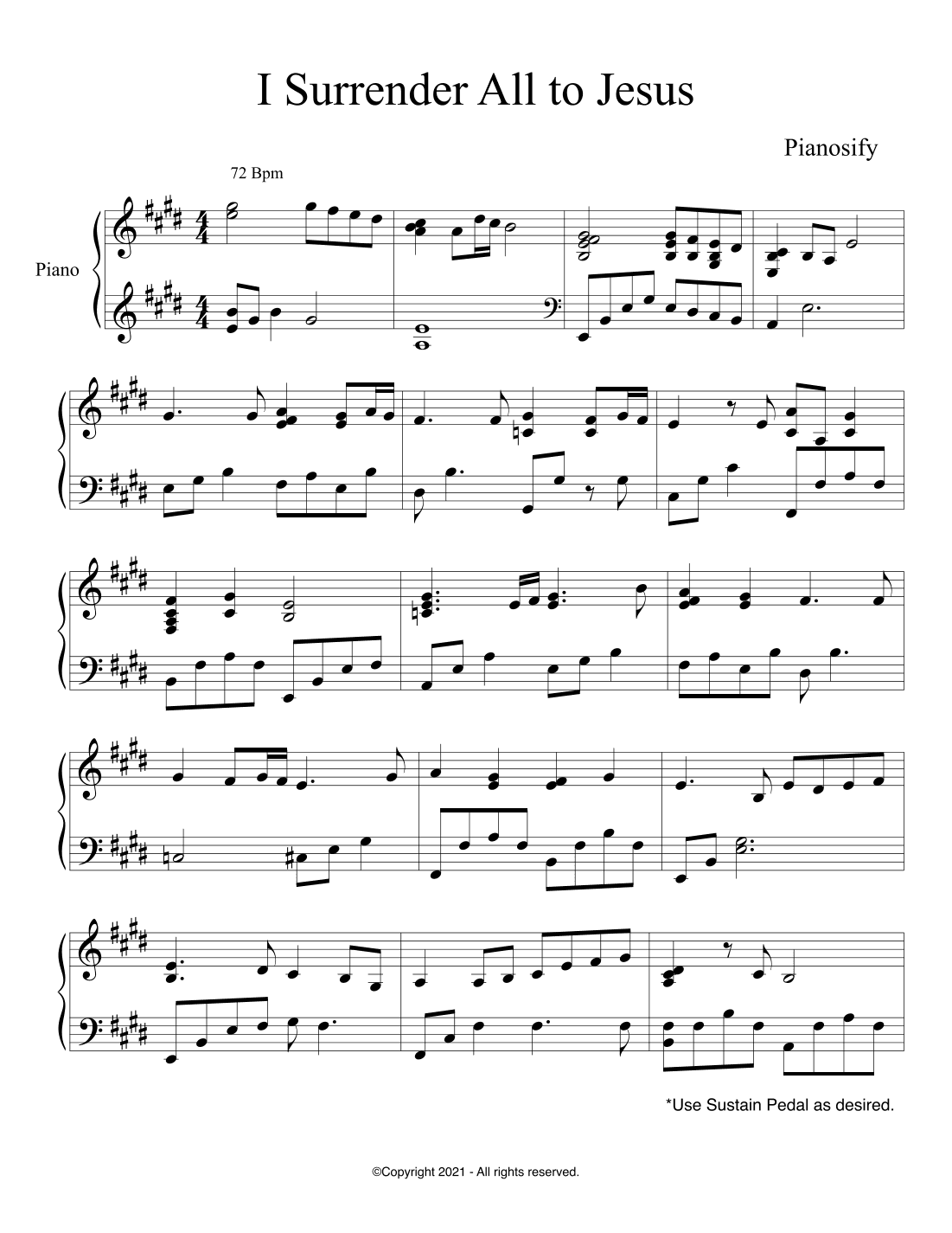 PIANO - I Surrender All to Jesus (Piano Hymn Sheet Music PDF)