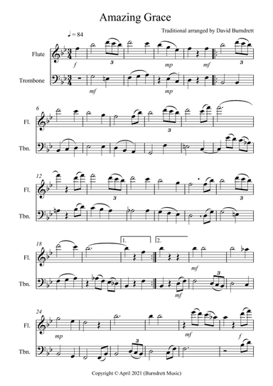 Amazing Grace for Flute and Trombone Duet (arr. David Burndrett)