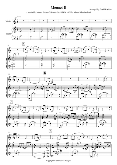 Menuet II - EASY (violin & piano) (arr. David Kocijan)
