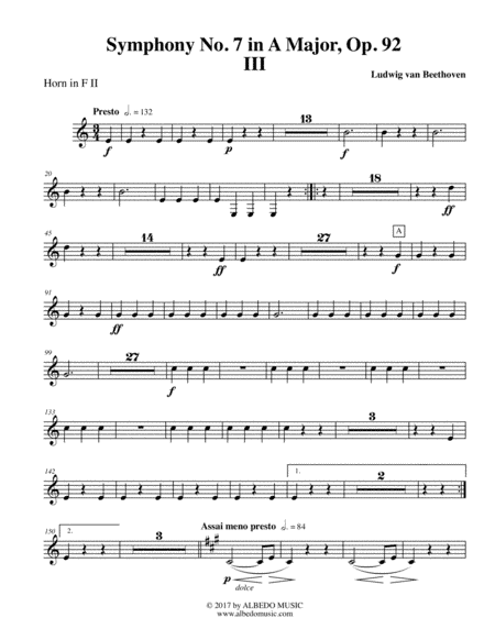 Beethoven Symphony No. 7, Movement III - Horn in F 2 (Transposed Part), Op. 92 (arr. Doug Clyde)