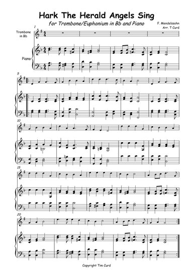 Hark The Herald Angels Sing for Solo Trombone/Euphonium in Bb and Piano (arr. Tim Curd)