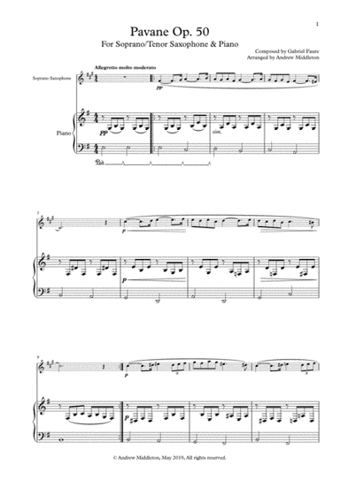 Pavane Op. 50 arranged for Tenor Saxophone and Piano (arr. Andrew Middleton)