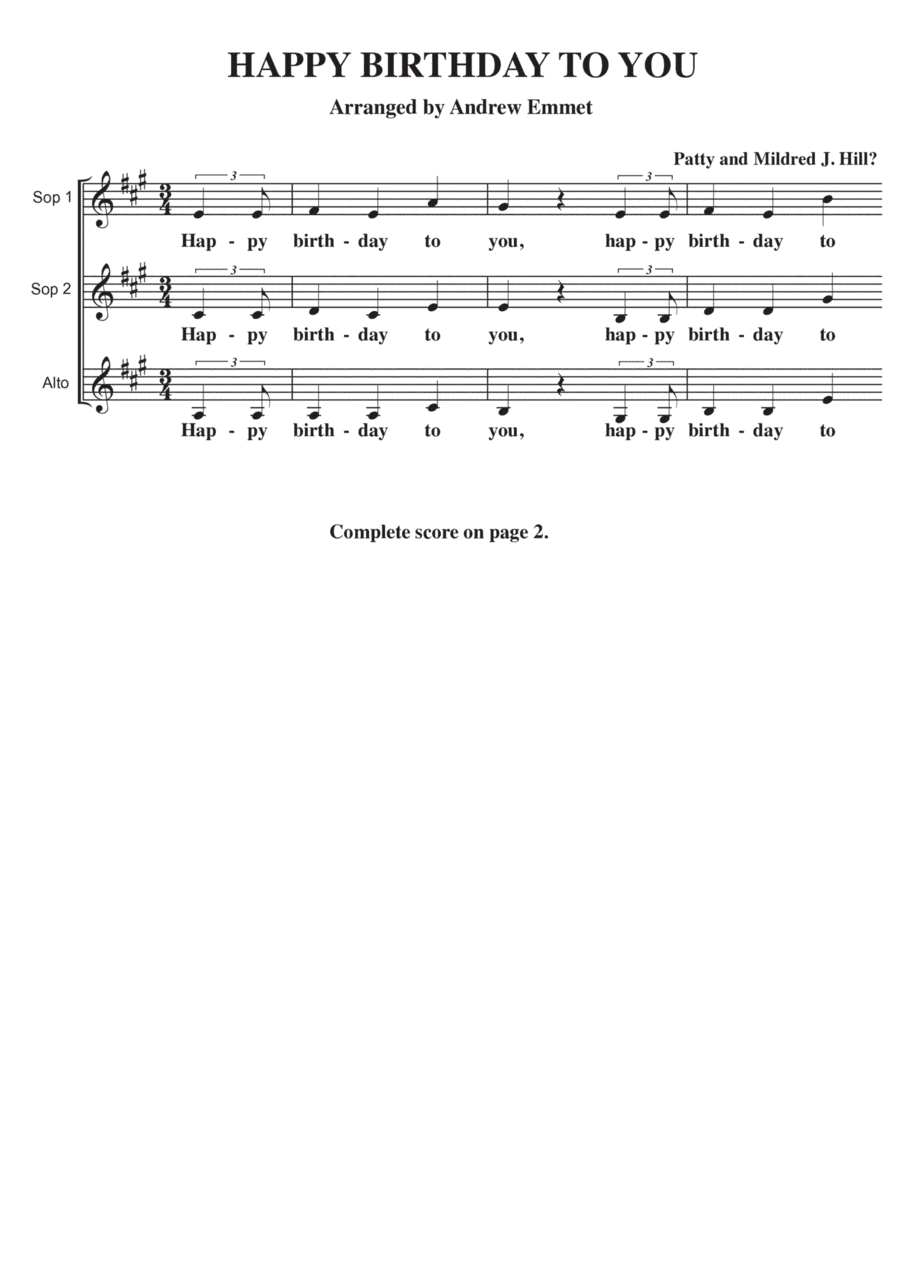 Happy Birthday To You A Cappella SSA (arr. Andrew Emmet)