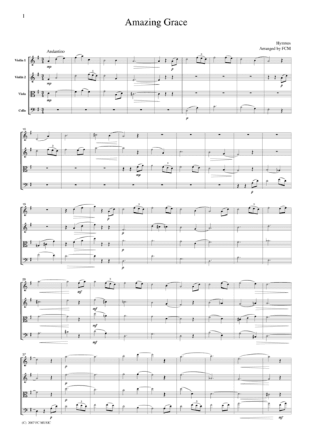 Hymnus  Amazing Grace, for string quartet, ML020 (arr. FCMUSIC)