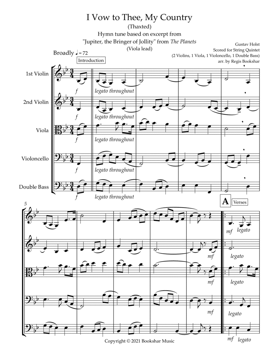 I Vow to Thee, My Country (Thaxted) (Bb) (String Quintet - 2 Violins, 1 Viola, 1 Cello, 1 Bass) (Vio (arr. Regis Bookshar)