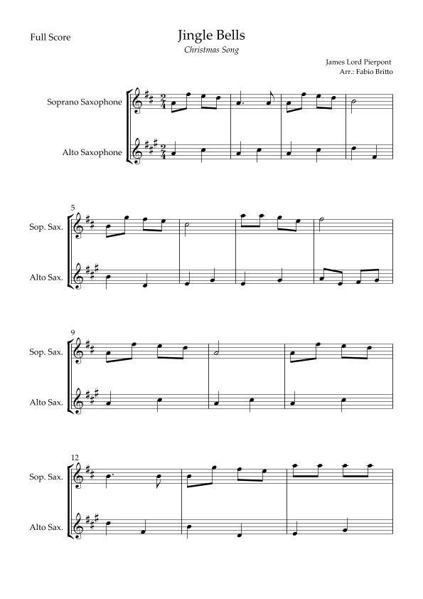 Jingle Bells (Christmas Song) for Soprano Saxophone & Alto Saxophone Duo (arr. Fabio Britto)