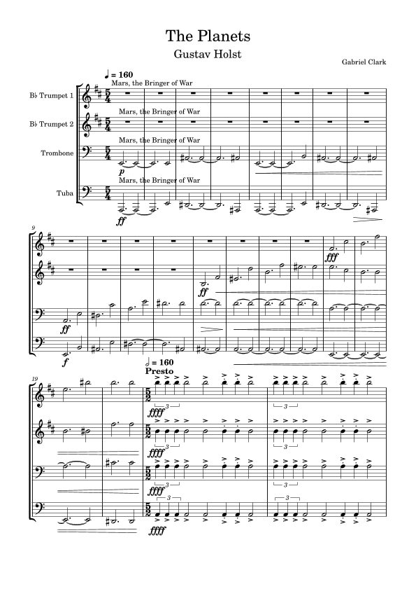 The Planets Suite for Brass Quartet (2 trumpet version) (arr. Gabriel Clark)
