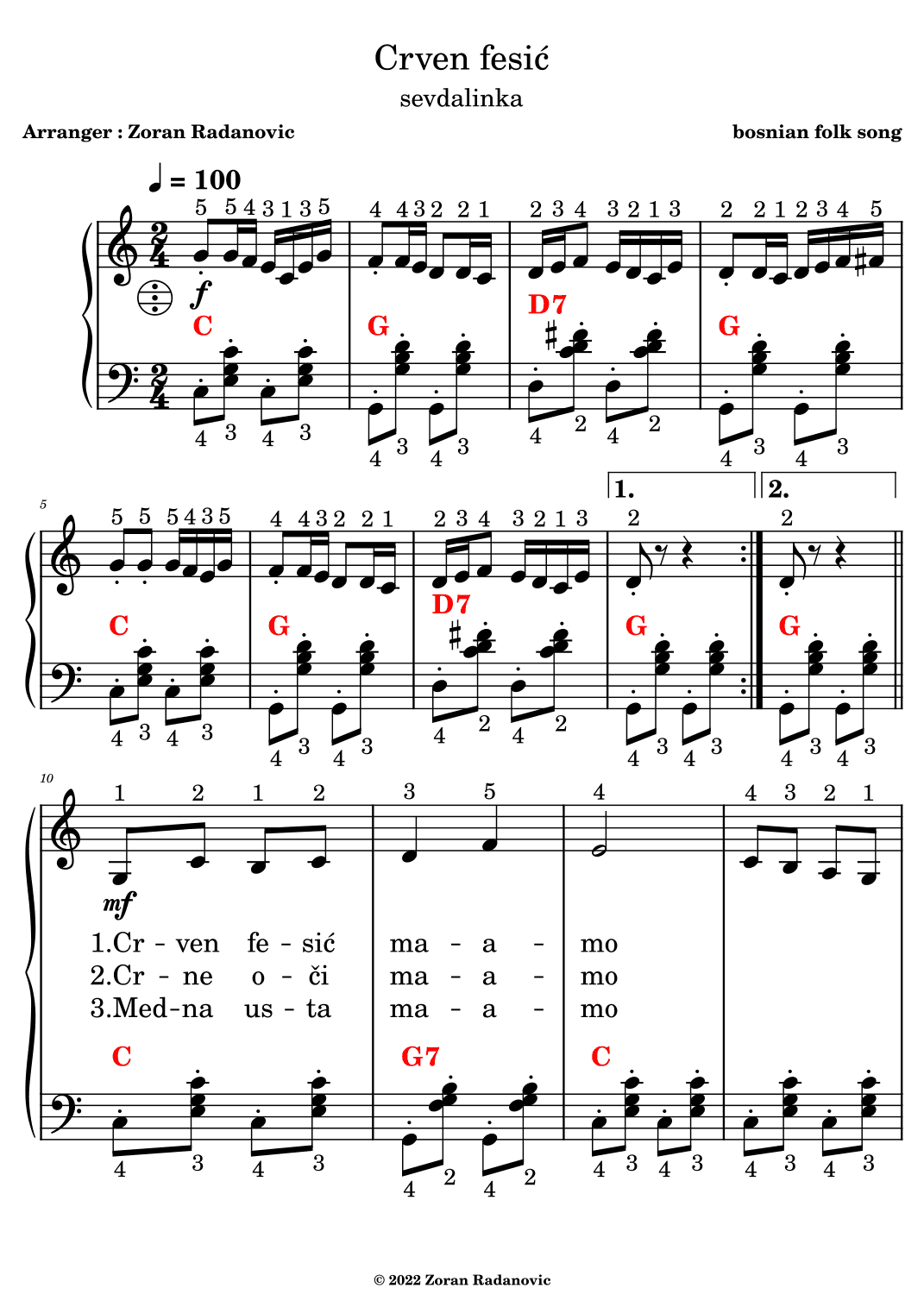 Crven fesic - for accordion + lyrics (arr. Zoran Radanovic)