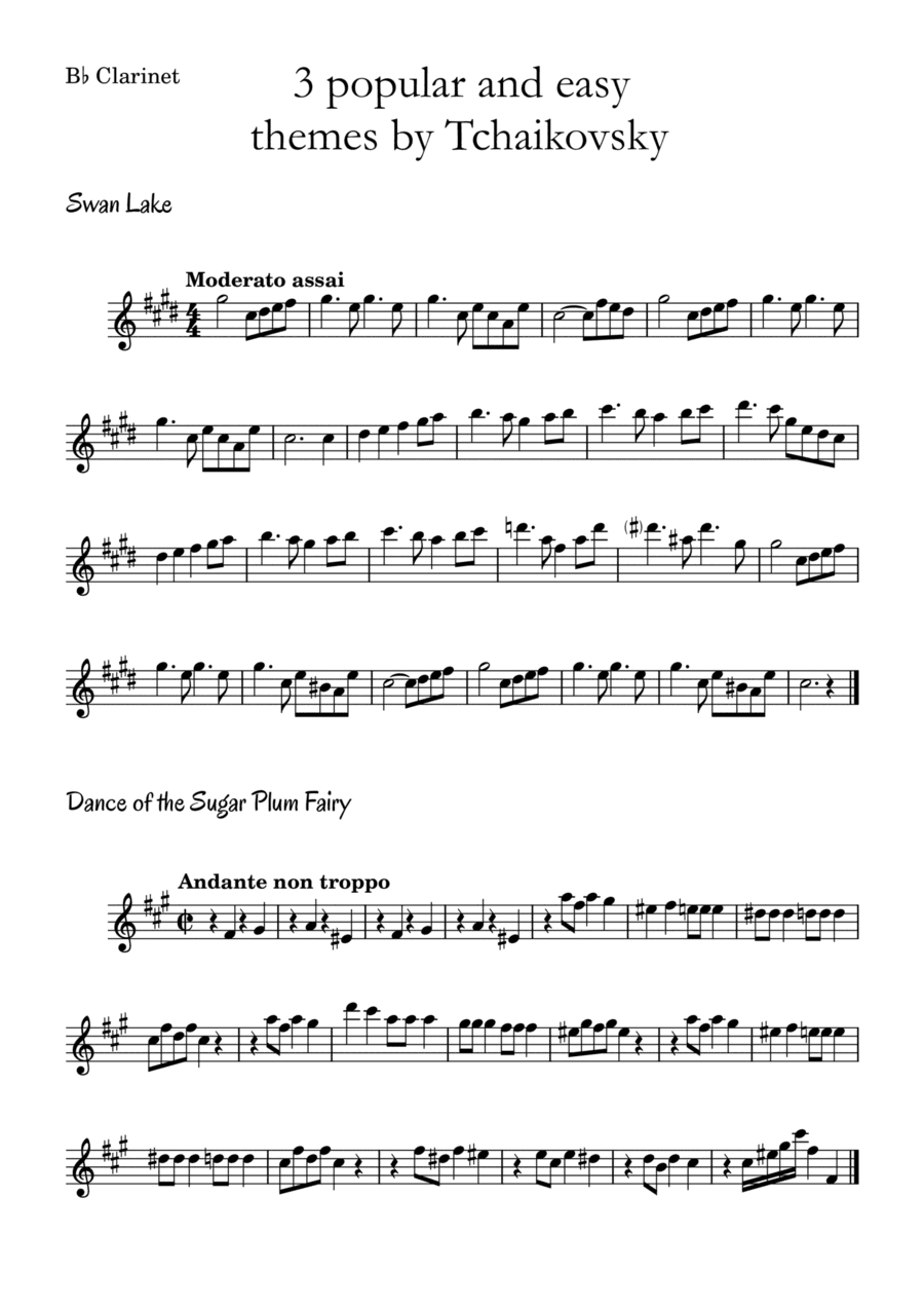 3 popular and easy themes by Tchaikovsky with accompaniment and chord symbols for B? Clarinet (arr. Leyandder Trustworthy)