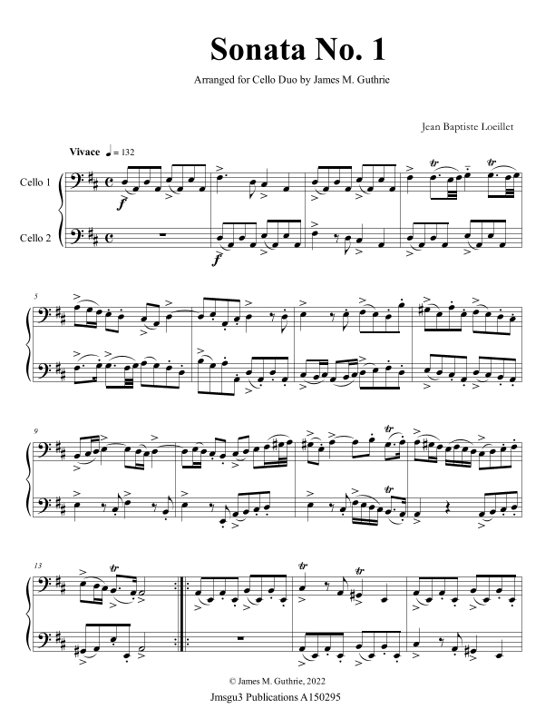 Loeillet: Six Sonatas Op. 5 No. 2 Complete for Cello Duo (arr. James M. Guthrie)