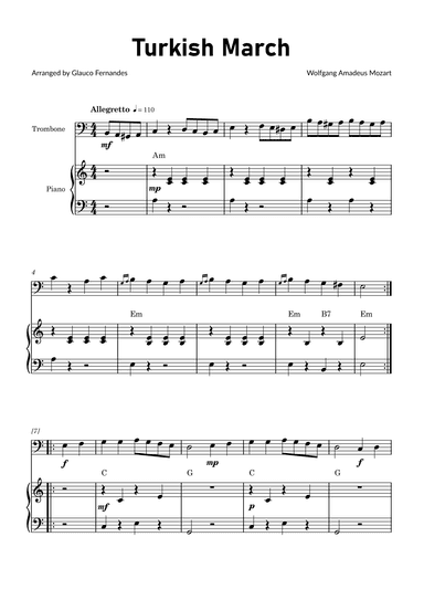 Turkish March by Mozart - Trombone and Piano with Chord Notations (arr. Glauco Fernandes)