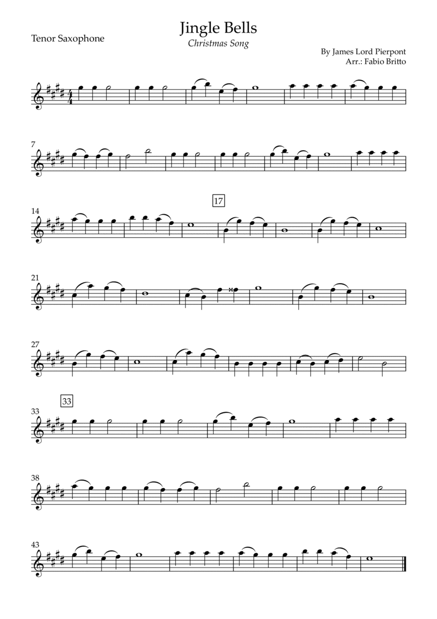Jingle Bells (Christmas Song) for Tenor Saxophone Solo (arr. Fabio Britto)