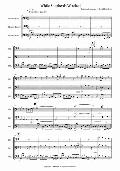 While Shepherds Watched (Jazzy Version!) for Double Bass Trio (arr. David Burndrett)