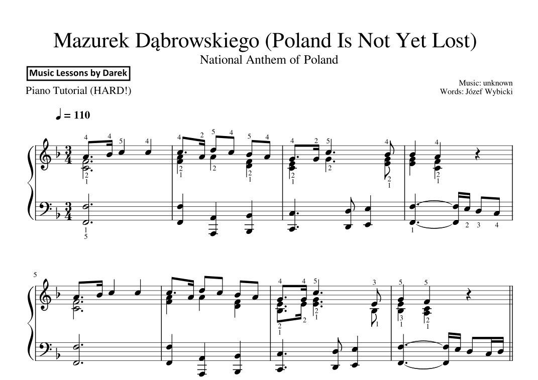 Mazurek Dabrowskiego (National Anthem of Poland) [HARD PIANO] (arr. Darek)