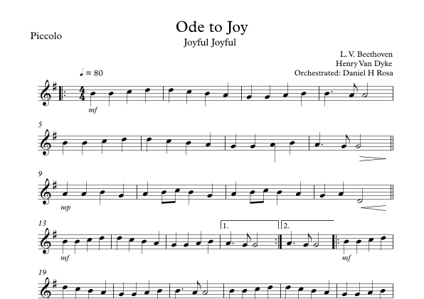 Ode to Joy - Joyful Joyful - Easy Piccolo (arr. Daniel H Rosa)