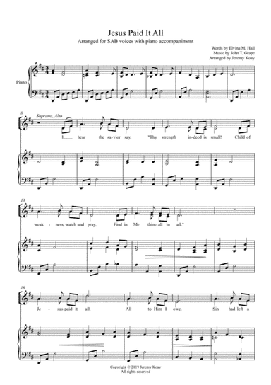 Jesus Paid It All (SAB - Choir) (arr. Jeremy Koay)