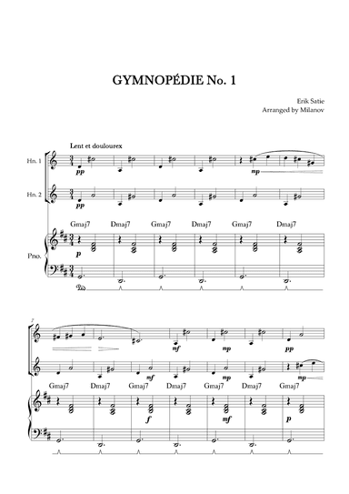Gymnopédie no 1 | Horn in F Duet | Original Key | Chords | Piano accompaniment |Easy intermediate (arr. Milanov)